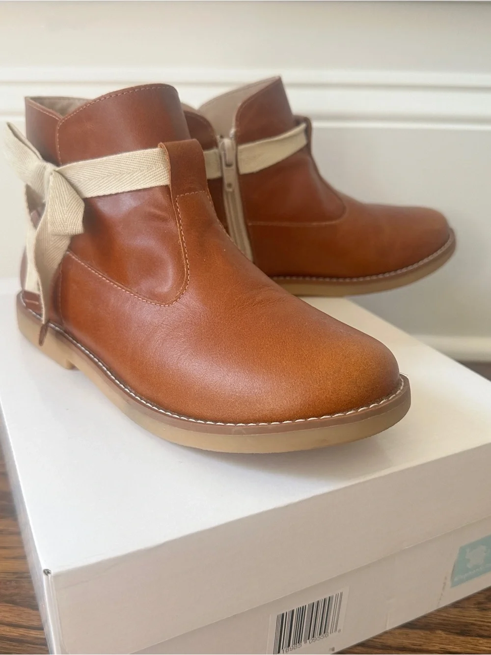 Elephantito Brown Kids Leather Ankle Boot Sunny Bootie with Cream Bow 3
